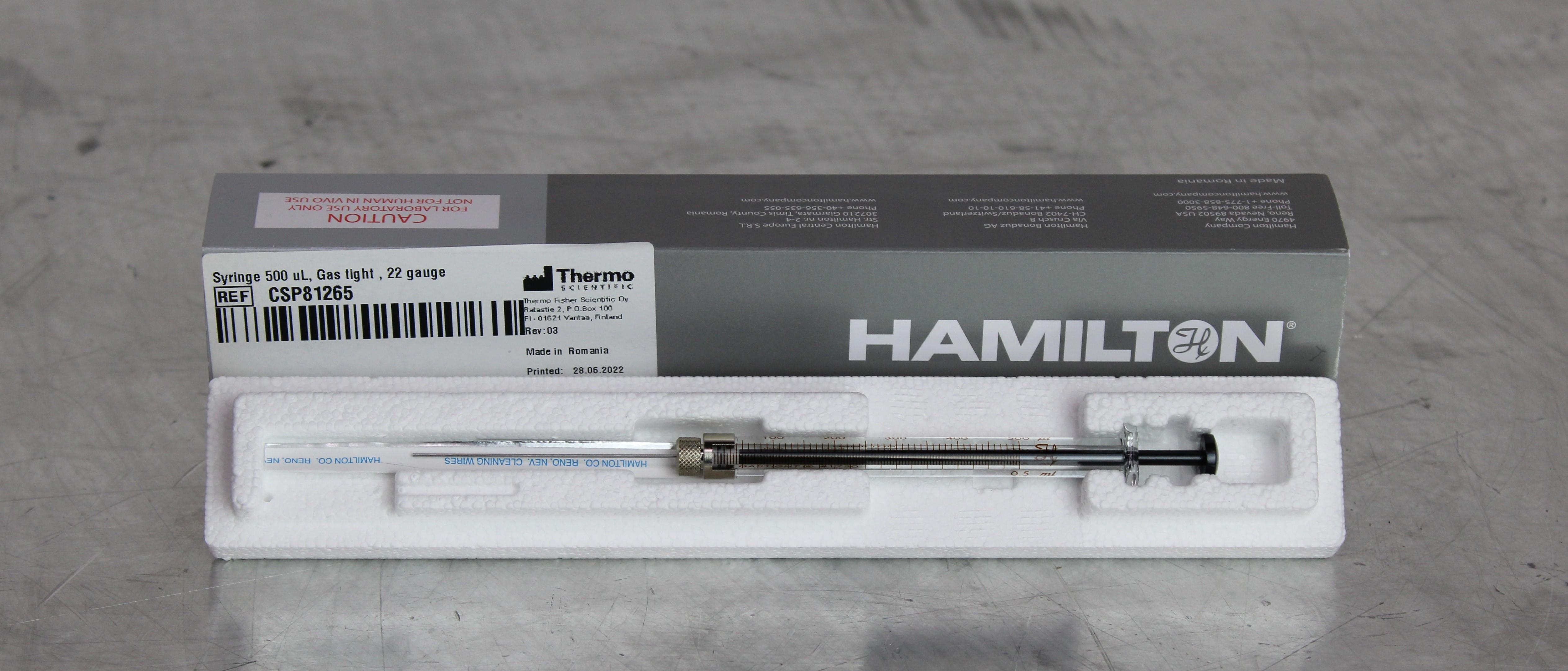 Hamilton Gastight Syringe Model 1750 RN 500uL 22 Gauge
