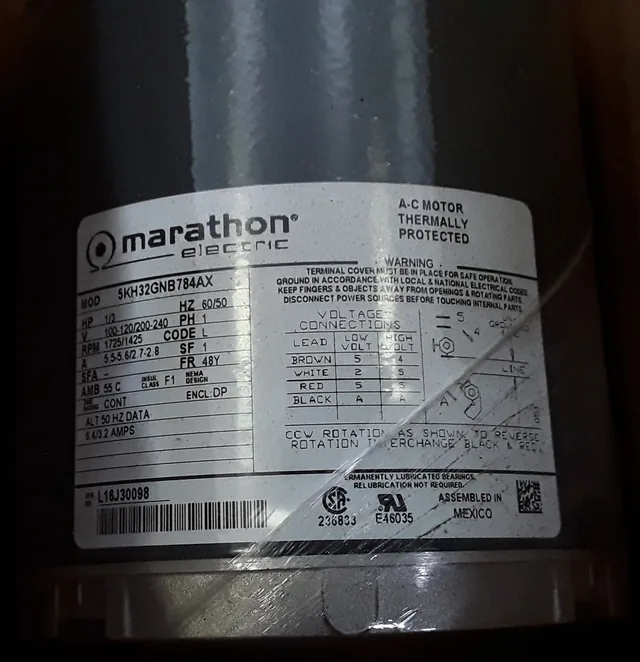 Marathon Electric 5KH32GNB784AX Motor, 1/3 HP, 1725/1425 RPM, 120V/220V