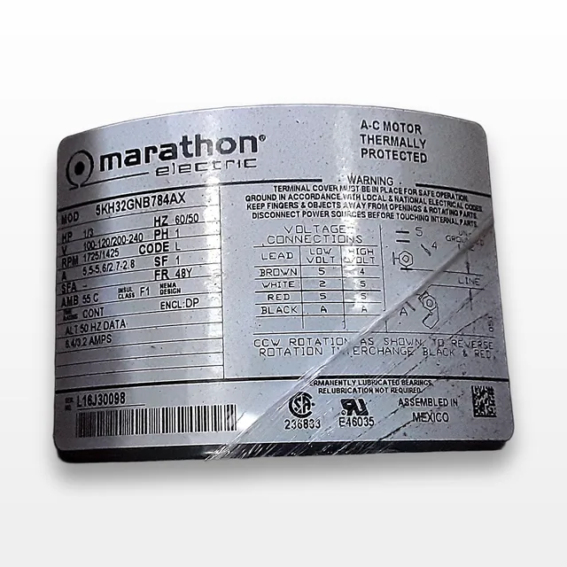 Marathon Electric 5KH32GNB784AX Motor, 1/3 HP, 1725/1425 RPM, 120V/220V