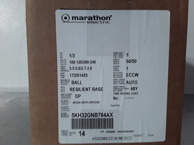 Marathon Electric 5KH32GNB784AX Motor, 1/3 HP, 60/50 Hz, 1725/1425 RPM
