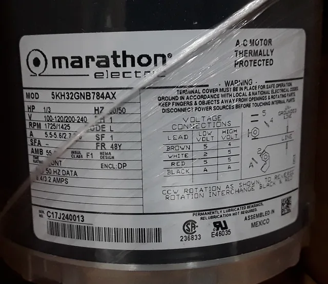 Marathon Electric 5KH32GNB784AX Motor 1/3 HP 1725/1425 RPM 120V/220V