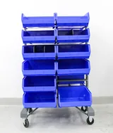 AkroBins Mobile Bin Rail Floor Rack with Blue Bins, Double Sided, Steel Rails