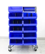 AkroBins Mobile Bin Rail Floor Rack with Blue Bins, Double Sided, Steel Rails