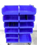 AkroBins Mobile Bin Rail Floor Rack with Blue Bins, Double Sided, Steel Rails