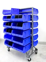 AkroBins Mobile Bin Rail Floor Rack with Blue Bins, Double Sided, Steel Rails