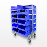 AkroBins Mobile Bin Rail Floor Rack with Blue Bins, Double Sided, Steel Rails
