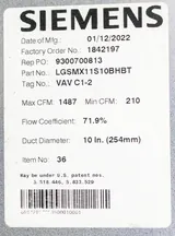 Siemens LGSMX11S10BHBT Laboratory Air Terminal for Controlled Ventilation