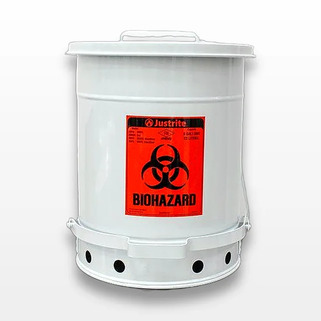 Justrite 6 Gal. Biohazard Waste Can, Steel, Foot-Operated, Self-Closing, White