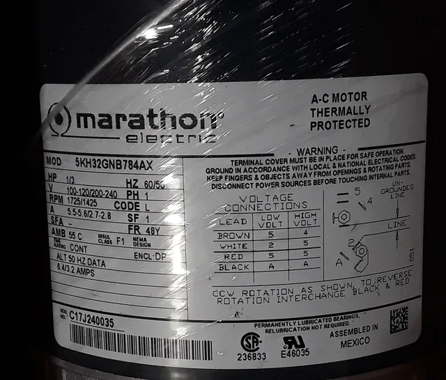 Marathon Electric 5KH32GNB784AX Motor 1/3 HP 1725 RPM 120/220V Efficient Power