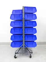 AkroBins Mobile Bin Rail Floor Rack with Blue Bins, Double Sided, Steel Rails