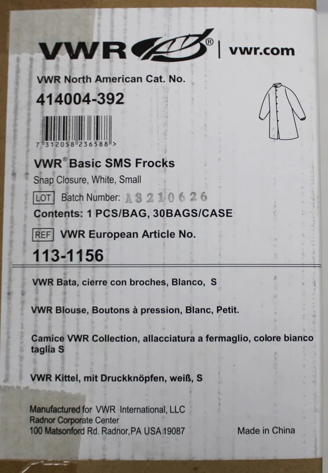 VWR Basic Frocks 113-1156 SMS Fluid-Resistant Apparel Latex-Free