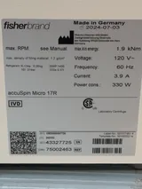 Fisher Scientific AccuSpin Micro 17R Laboratory Centrifuge 120V Cooling IVD
