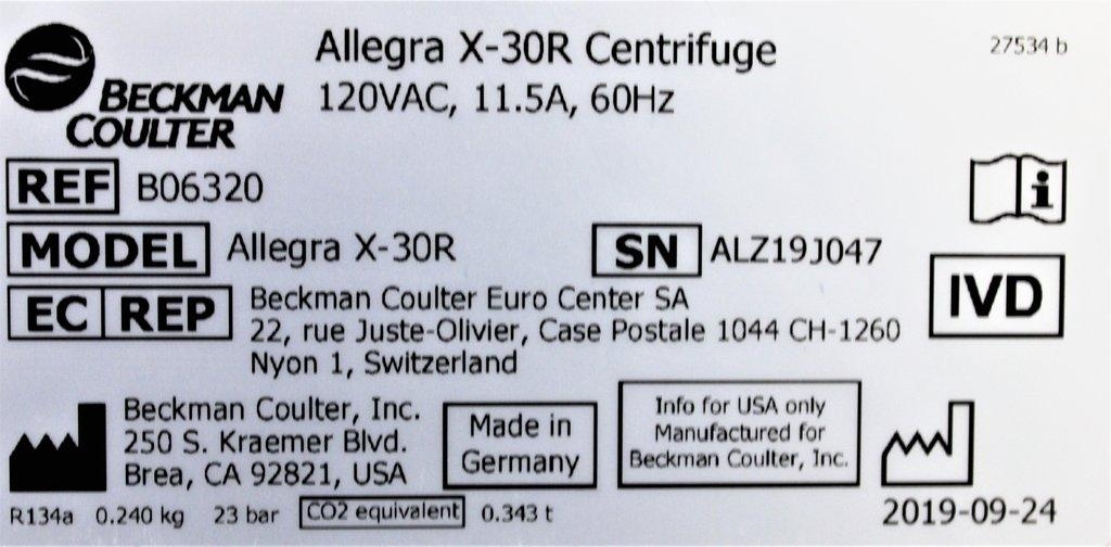 Beckman Coulter Allegra X-30R Centrifuge Benchtop Compact 5000 RPM 2019