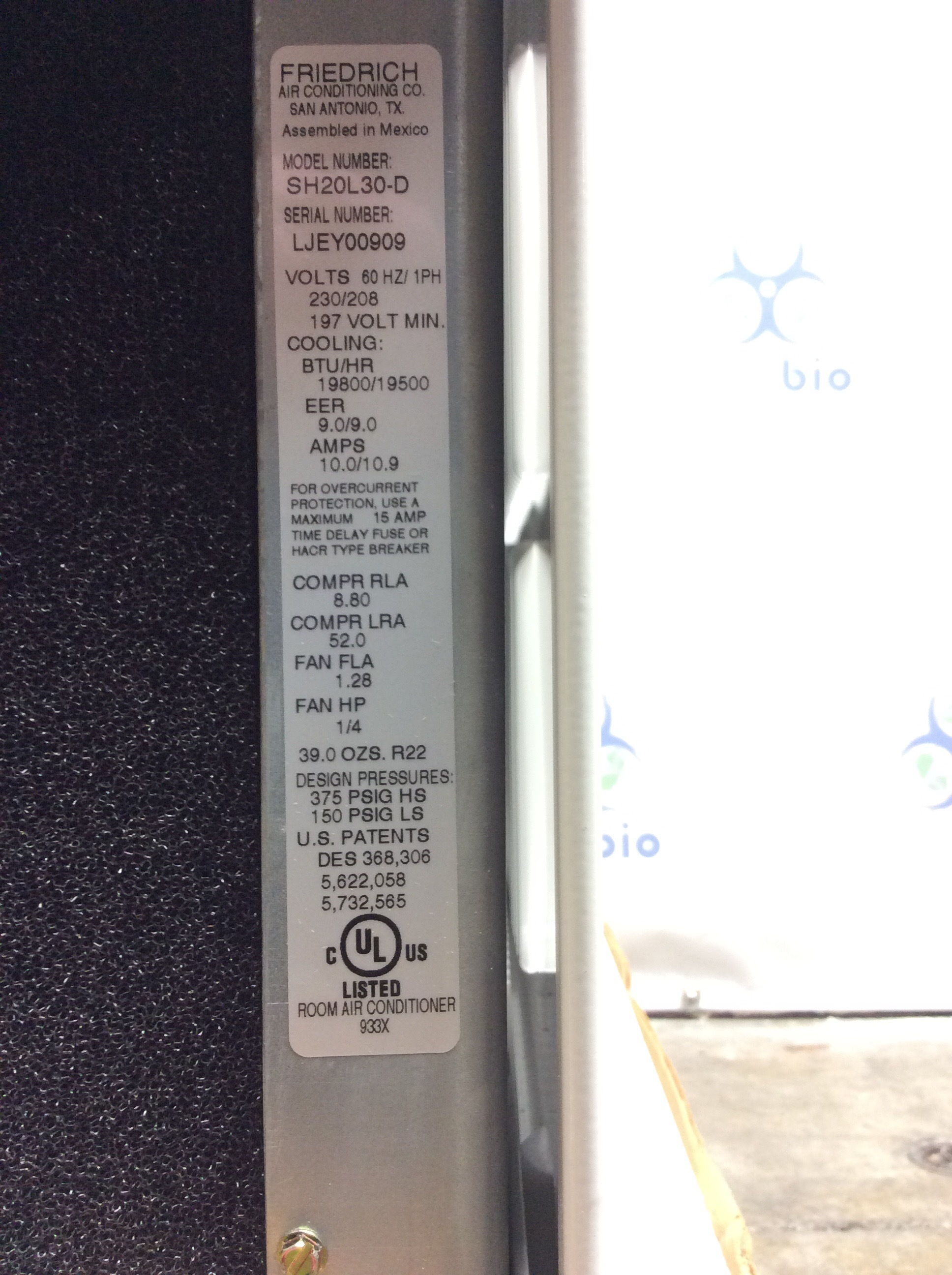 Friedrich SH20L30-D Air Conditioner Hazardous Condition 19000 BTU T4 Rating