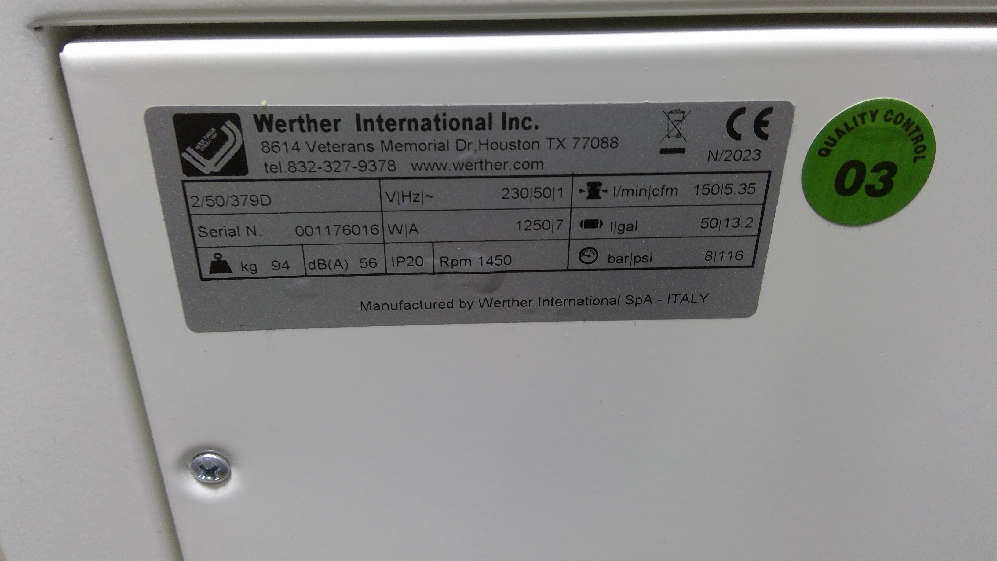 Werther International 2/50/379D Oil-less Air Compressor with Desiccant Dryer