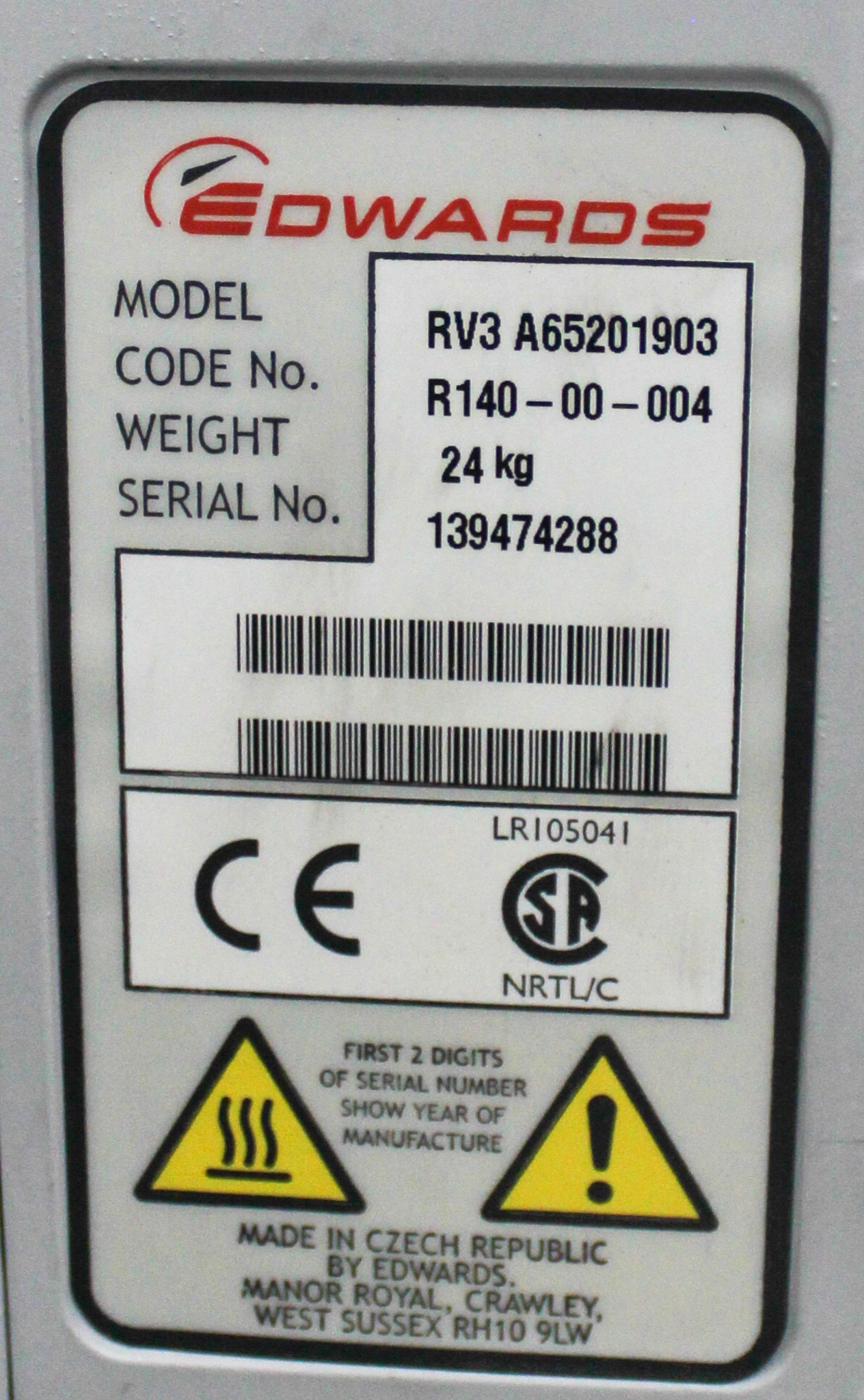 Edwards RV3 A65201903 Vacuum Pump High Speed Low Noise 48dBA 220gh Water