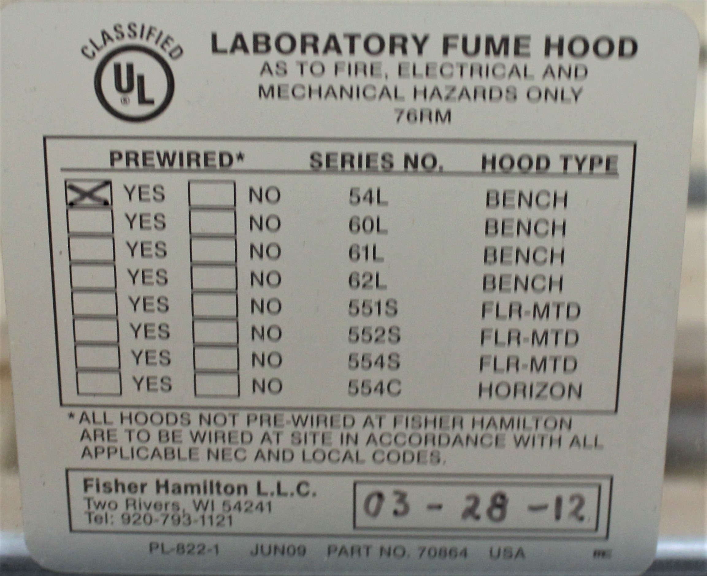Hamilton SafeAire II Fume Hood Clean Air Ventilation System 60in Used