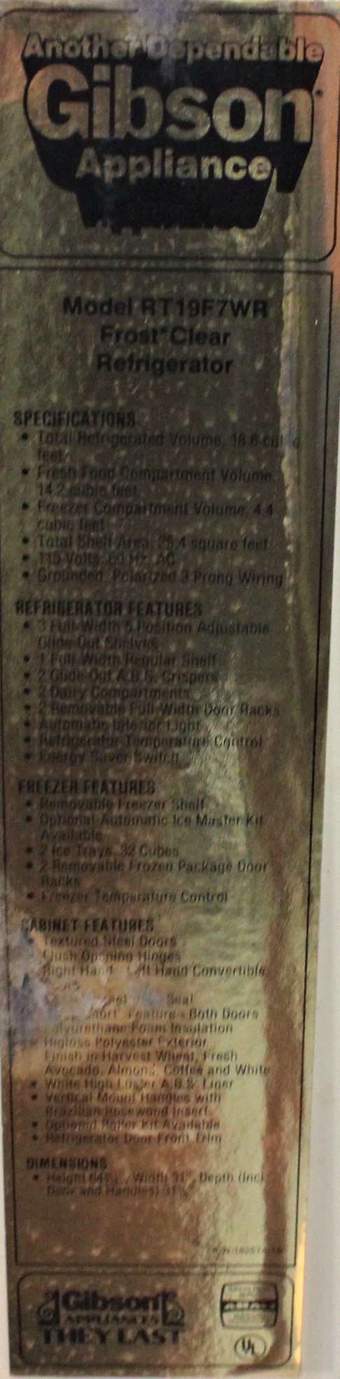 Gibson RT19F7WR Refrigerator/Freezer Combo 18.6Cf Adjustable Shelves LEDs 120V