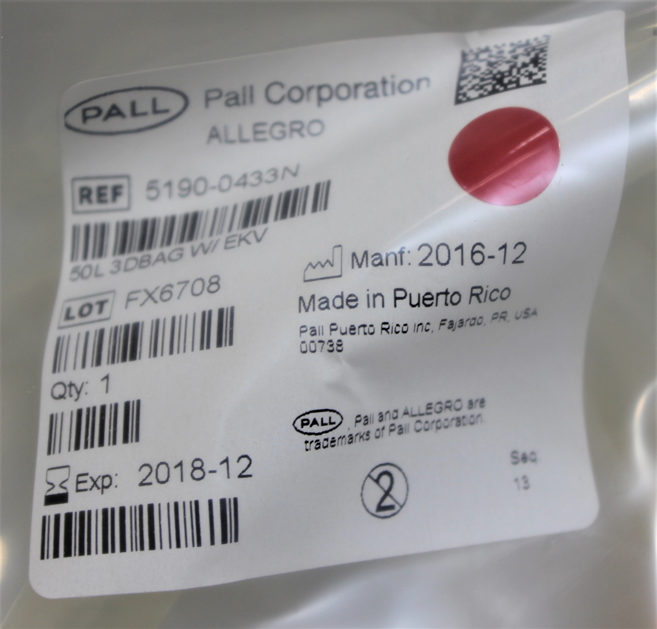 Pall Allegro 50L 3D Bag Bioprocessing Single Use Mixer Includes EKV