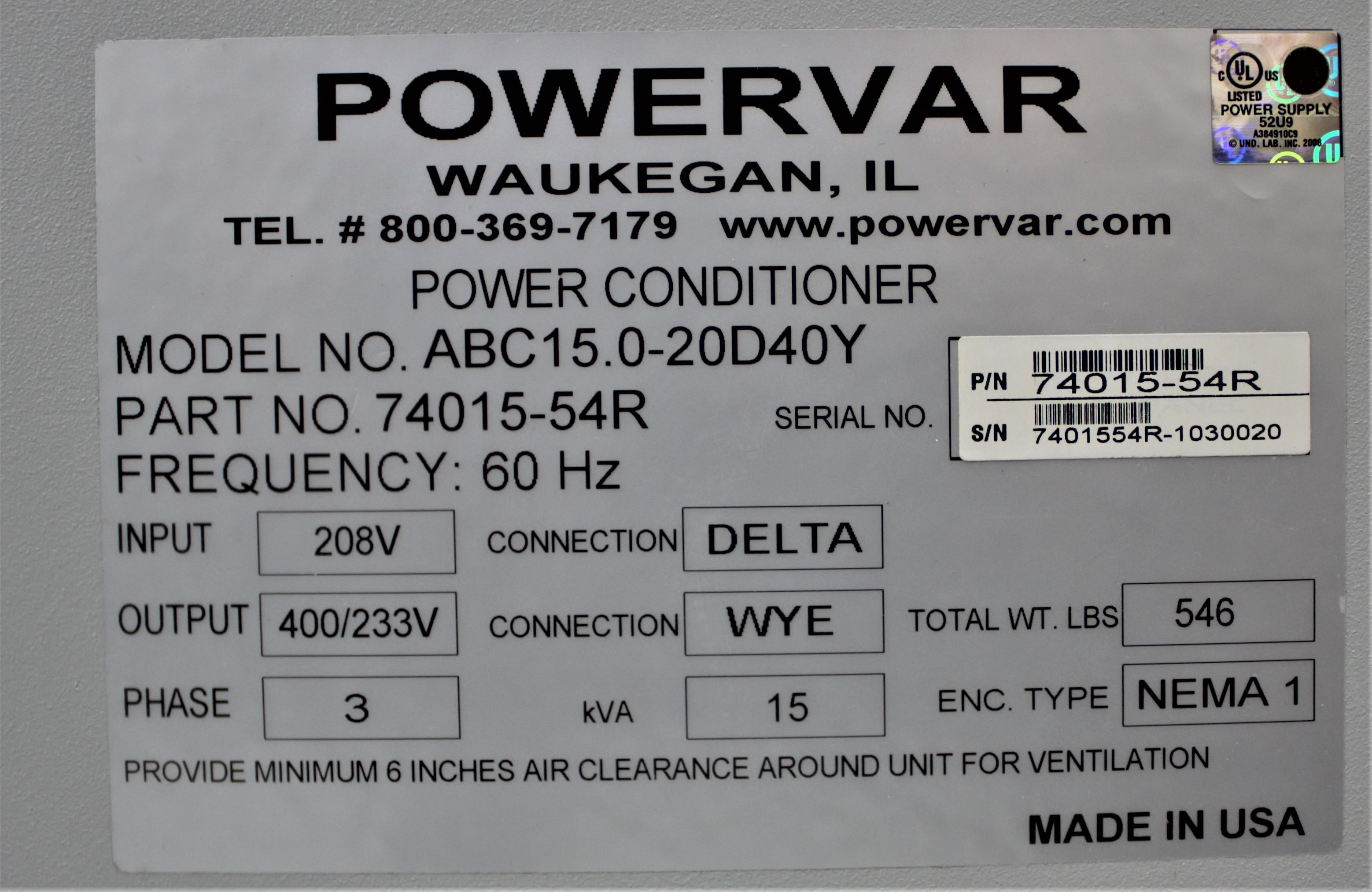 Powervar GPI2000 Power Supply UPS Noise Reduction 15 kVA Capacity USA
