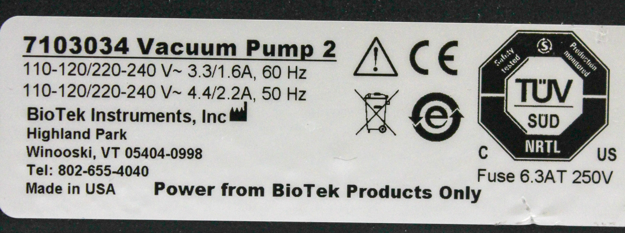 BioTek 7103034 VG Vacuum Pump 26 IN-HG 5-40C 120/220V 405 EL406 Use Ready