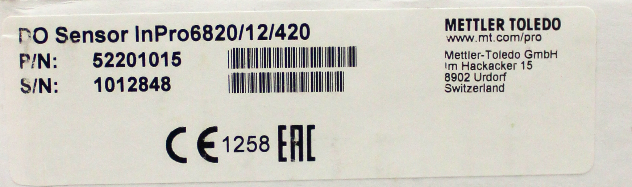 Mettler InPro6820 DO Sensor Dissolved Oxygen Probe Hygienic Applications Integrate