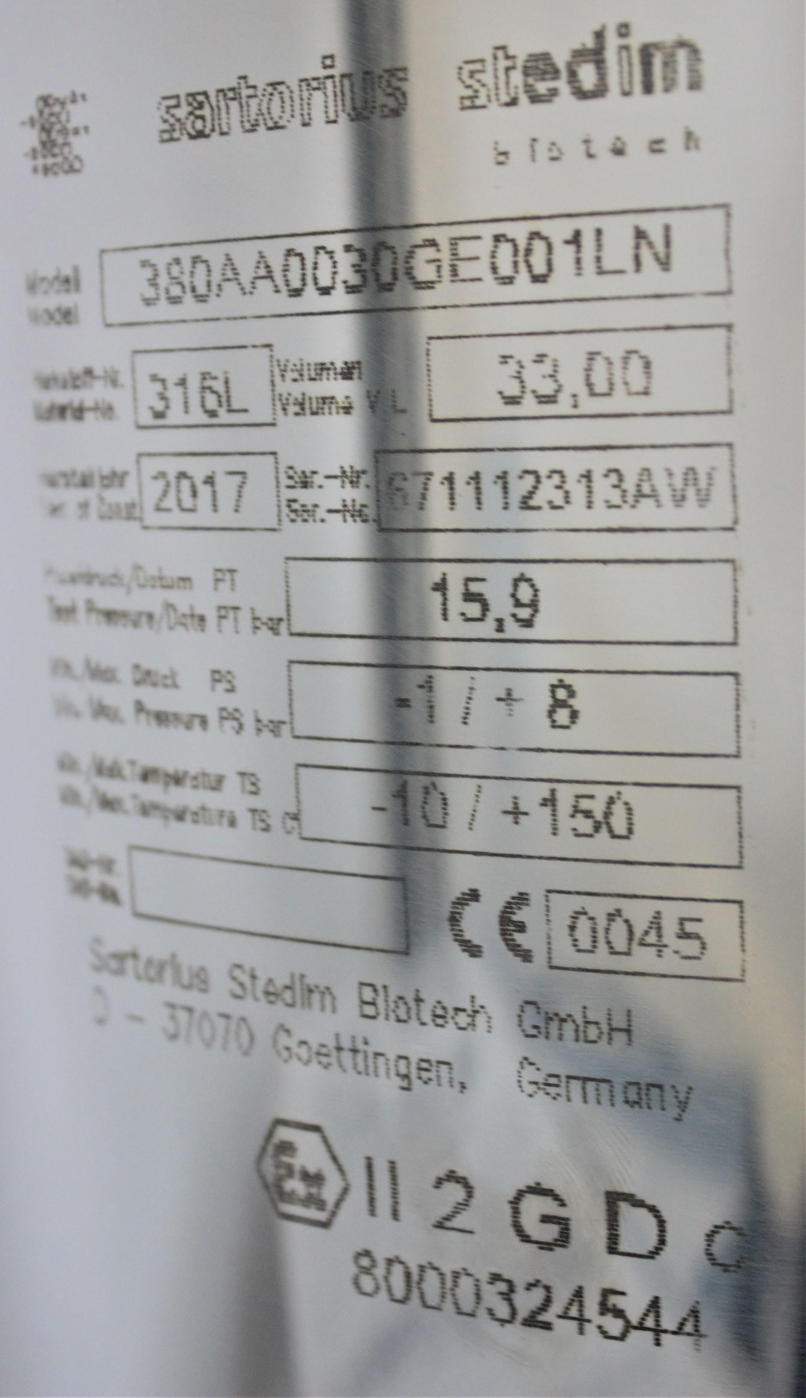 Sartorius Stedim Pressure Vessel 316L Benchtop Filtration Diafiltration Pressure