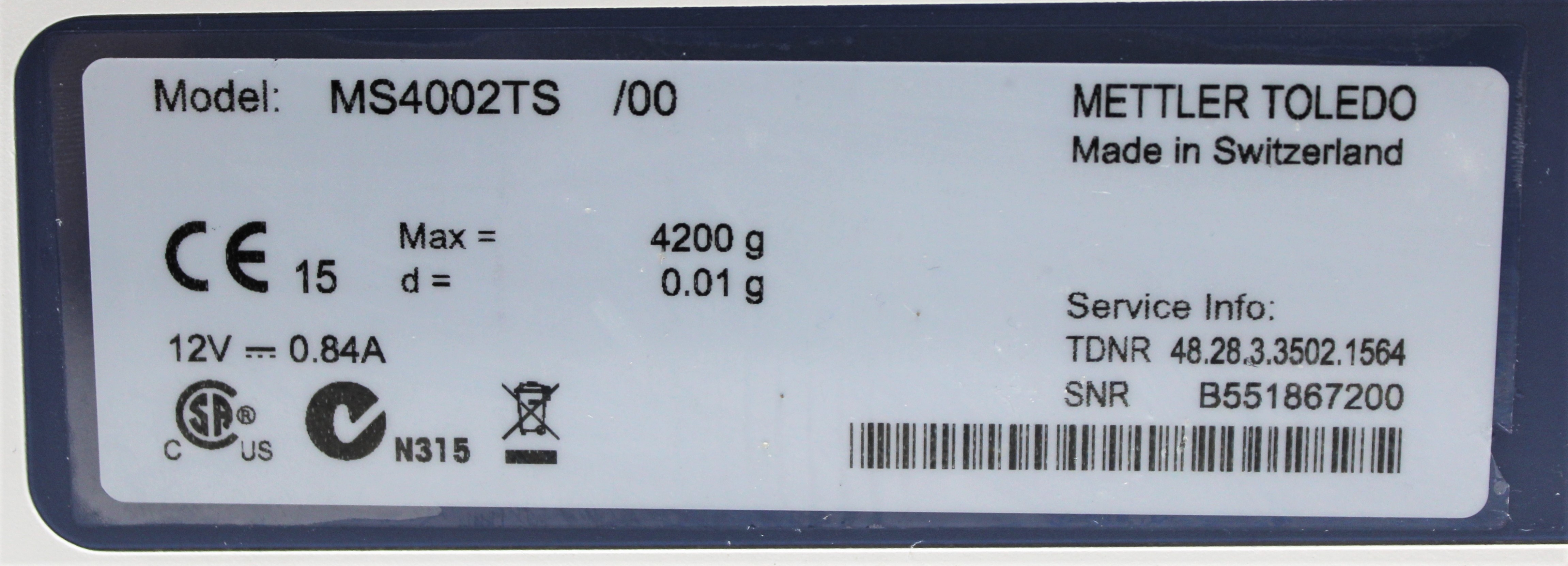 Mettler-Toledo MS4002TS Analytical Balance High Capacity Display 4200g AS-IS