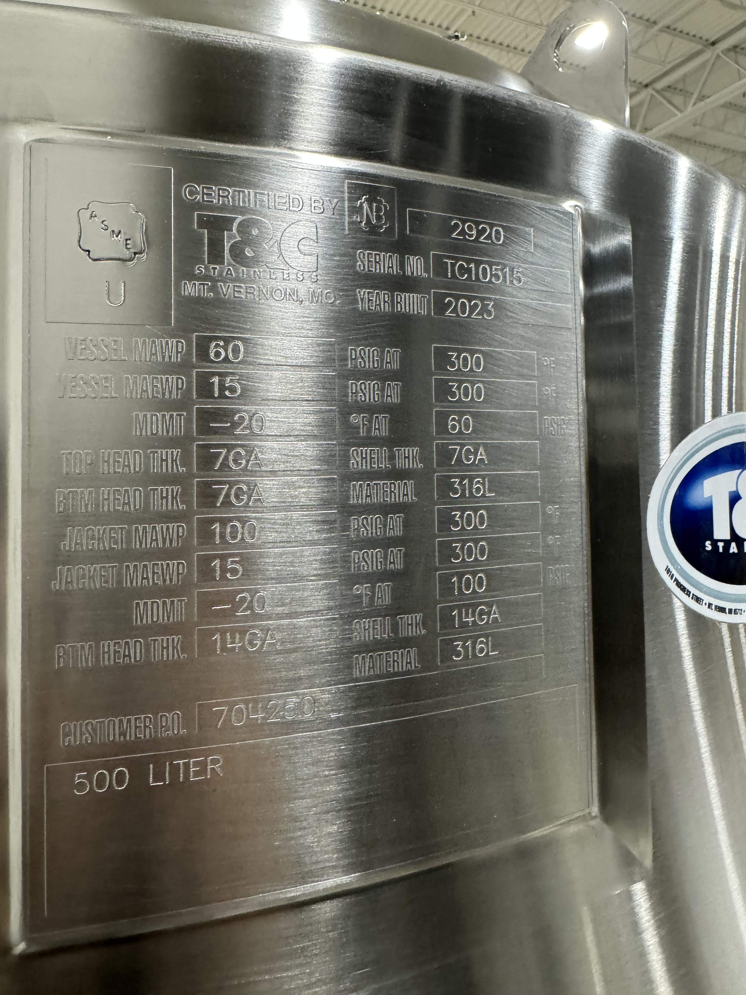 T&C 500L Stainless Steel Vessel 120V 50/60Hz Sanitized New