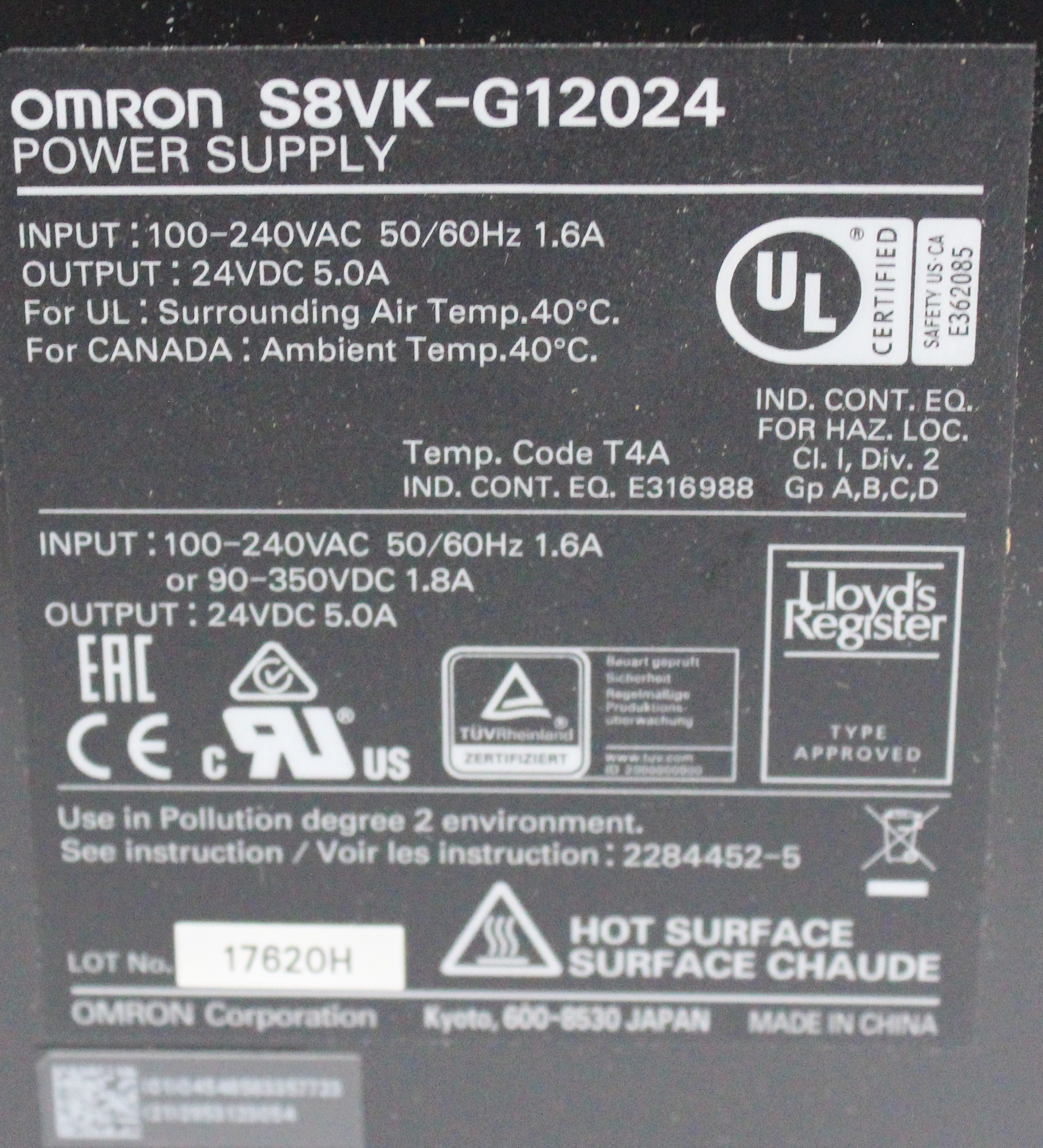 Omron S8VK-G12024 Switch Mode Power Supply DIN Rail 120V/220V