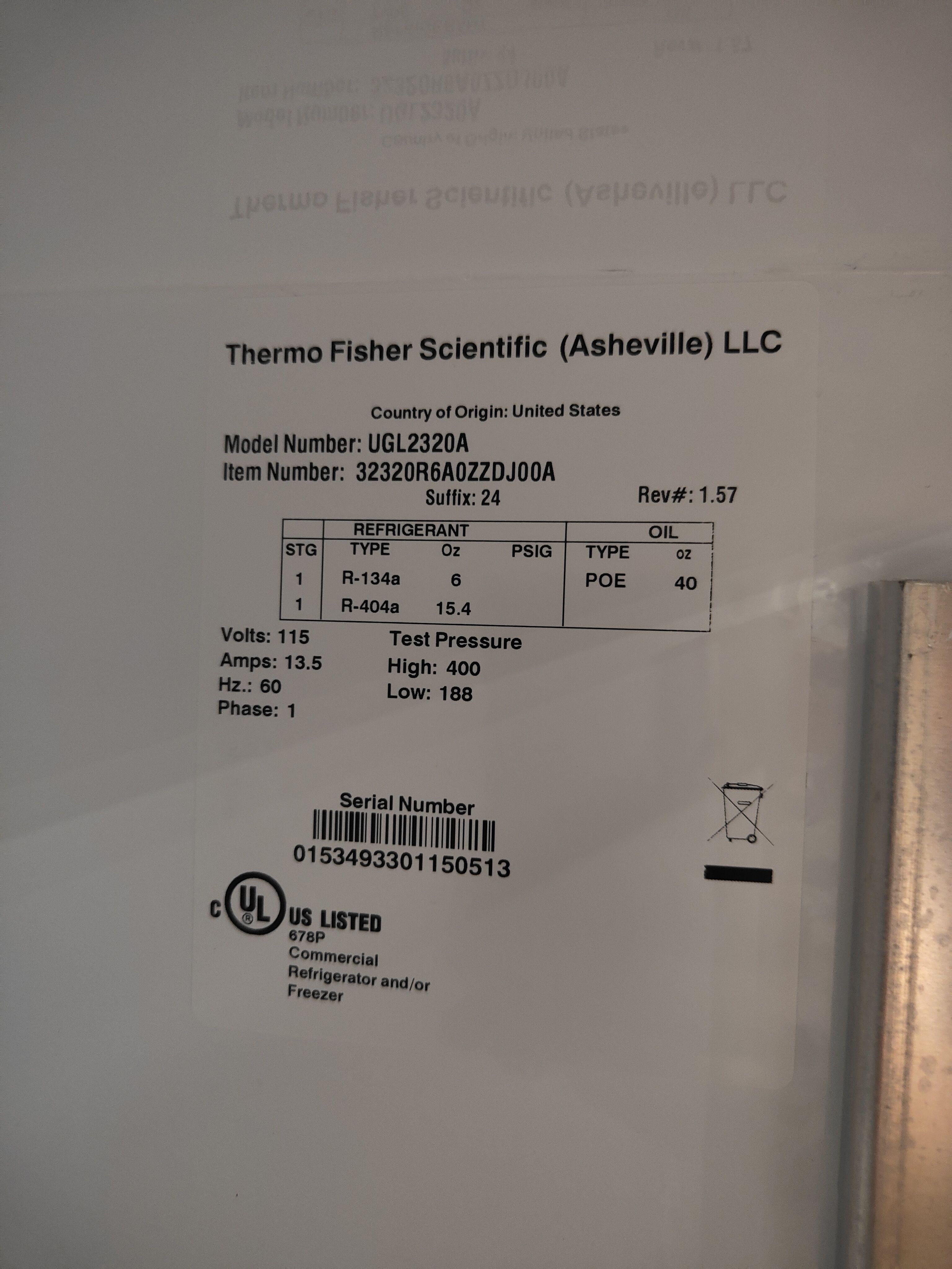 Thermo UGL2320A Freezer Cold Storage Manual Defrost -20C 23 cu ft Capacity