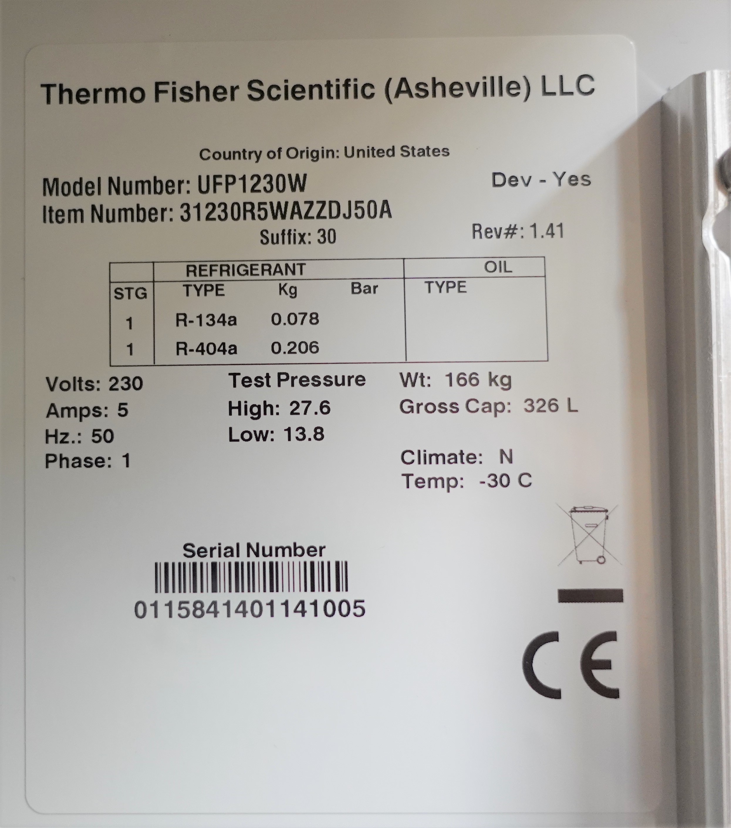 Thermo UFP1230W Freezer Cold Storage -30C Used 326L Plasma Freezer