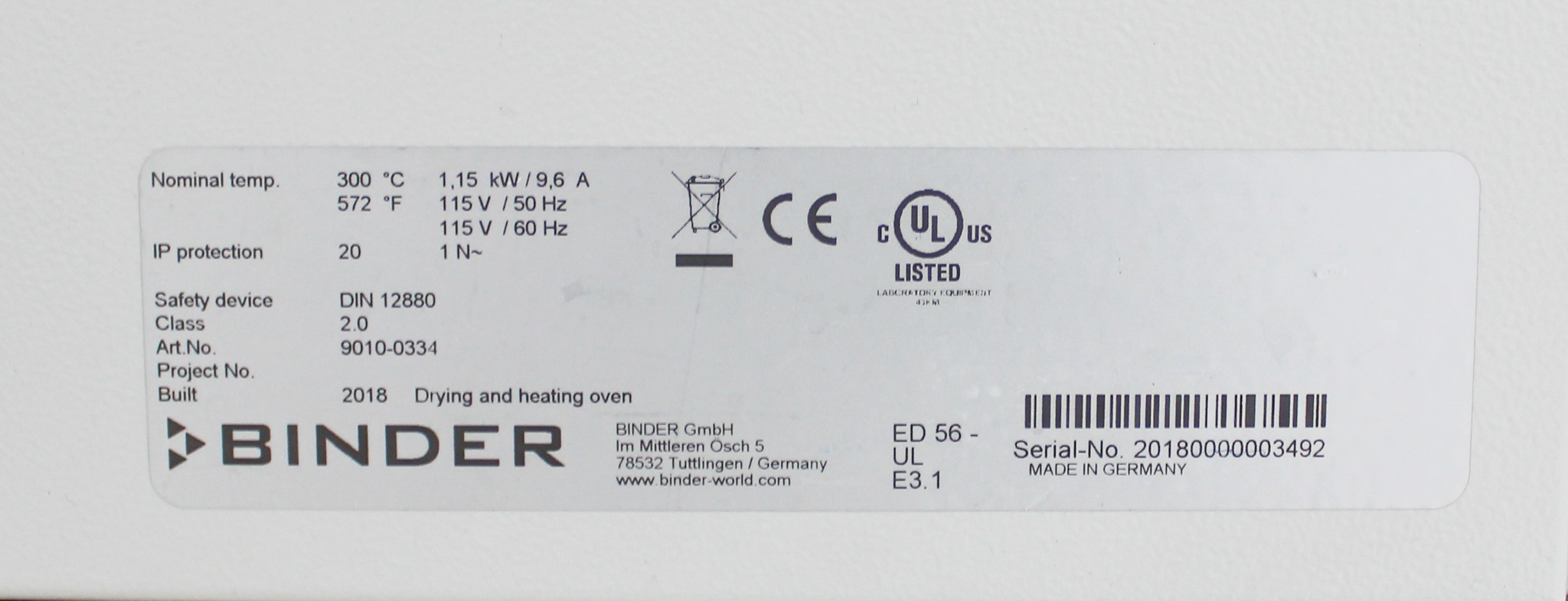 Binder ED56 Oven Gravity Convection Heating 57L Range 5-300C Used