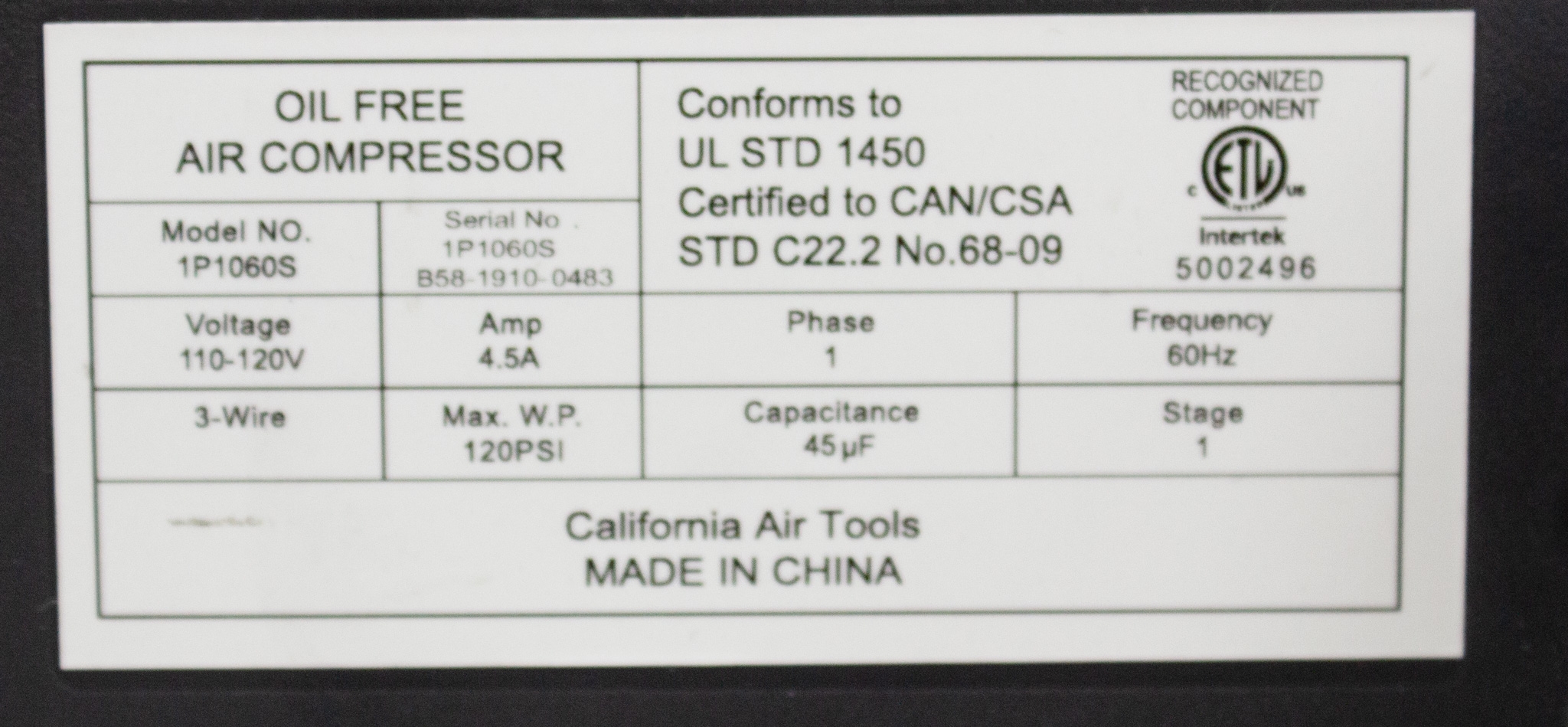 California Air Tools 1P1060S Air Compressor Light Quiet Portable 56dB 115PSI