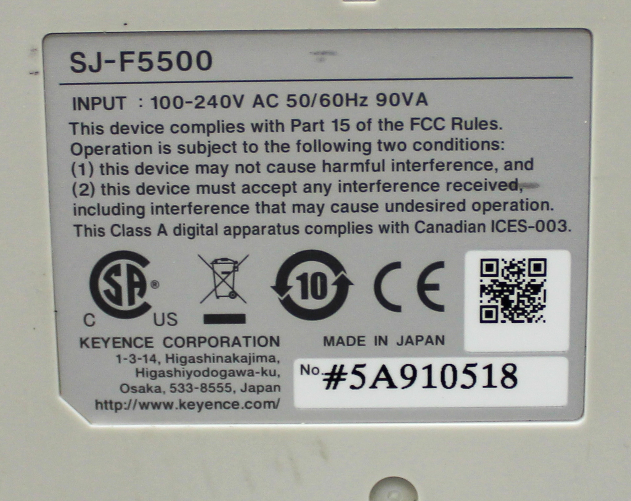 Keyence SJ-F5500 Static Eliminator Blower 120V High-Speed High-Precision Used