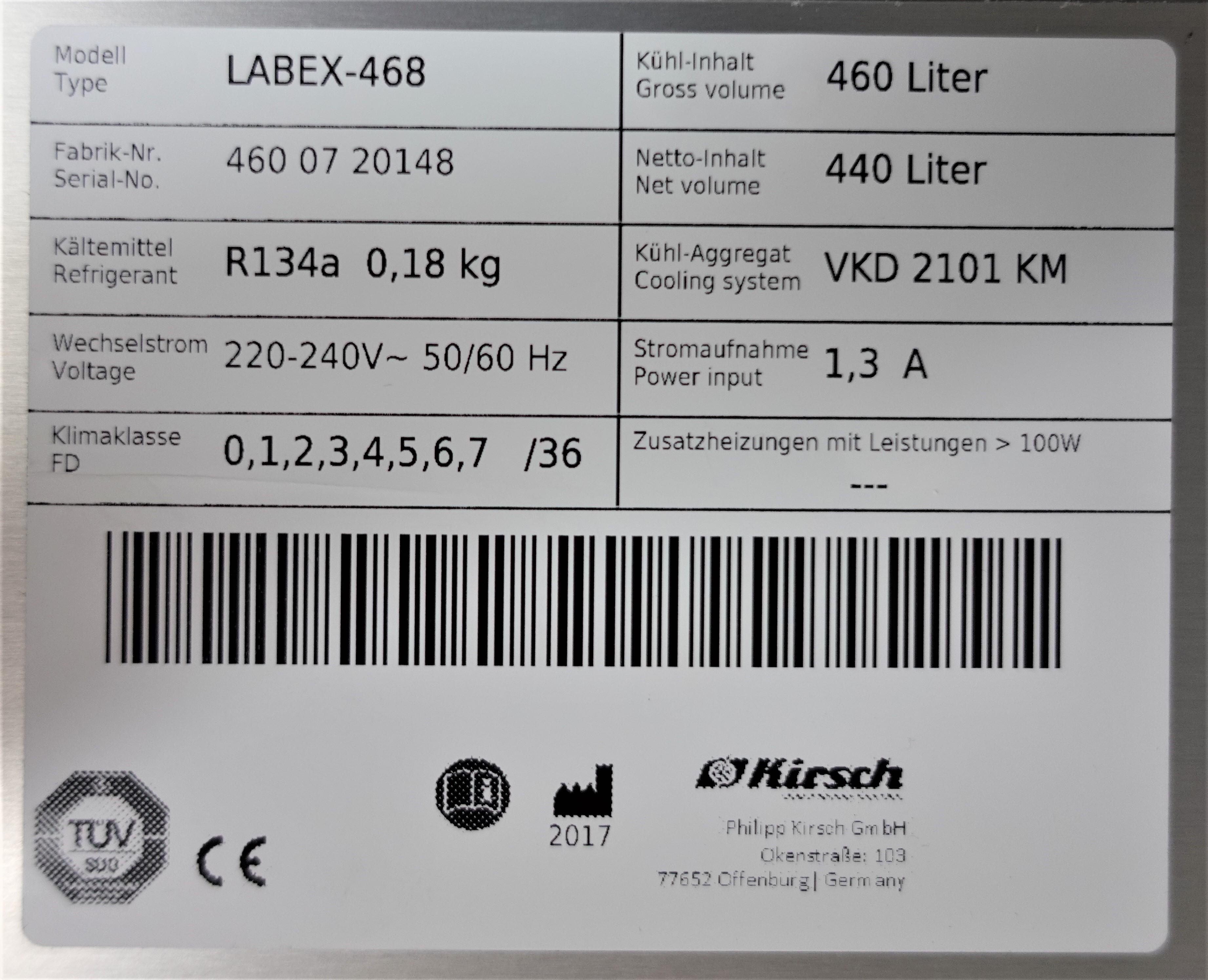 Kirsch LABEX-468 Pro-Active Explosion Proof Refrigerator 460L, 0-15C