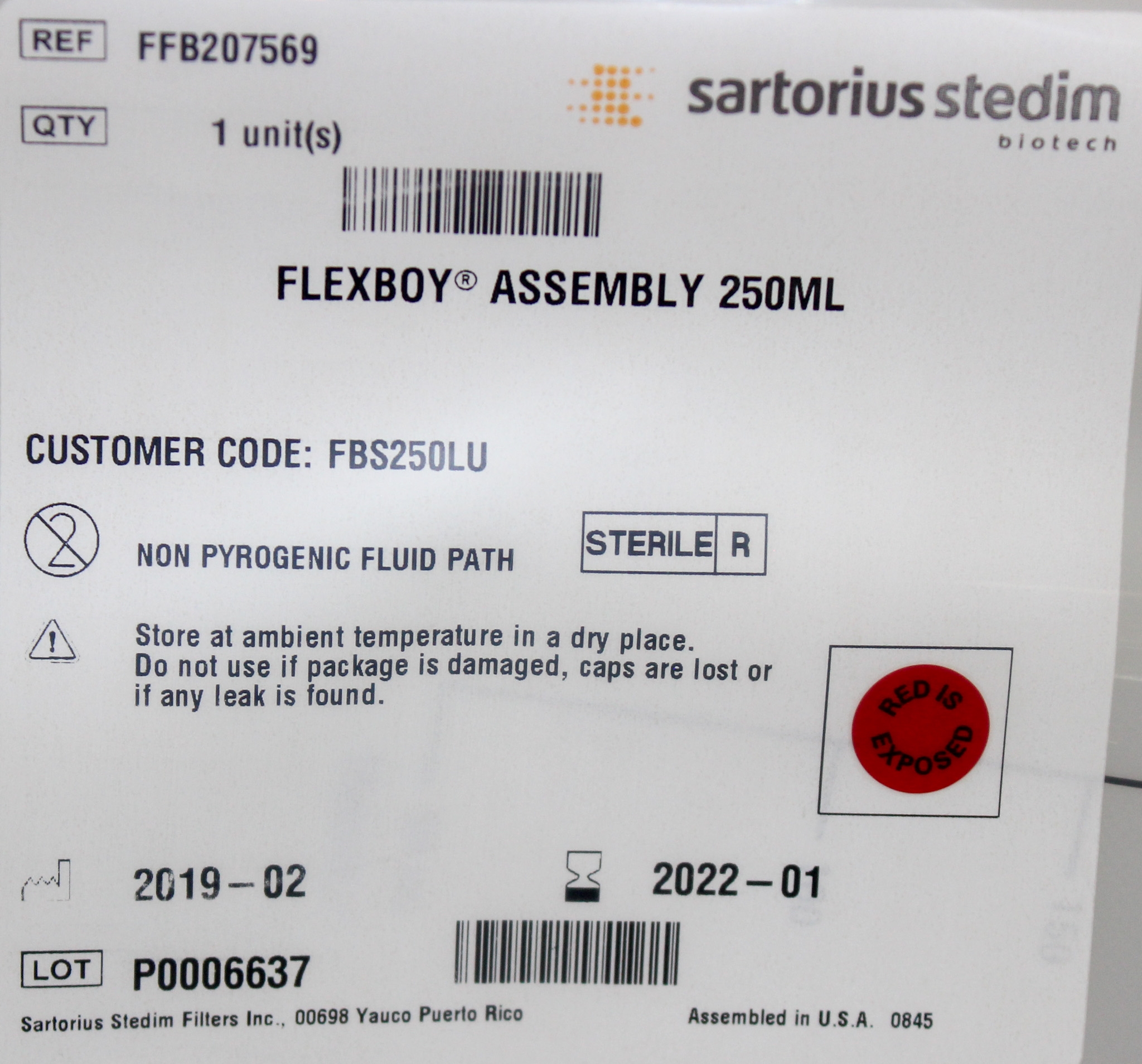 Sartorius Flexboy FBS250LU BioProcessing Bag 250 mL 50 pcs Gamma Sterilized