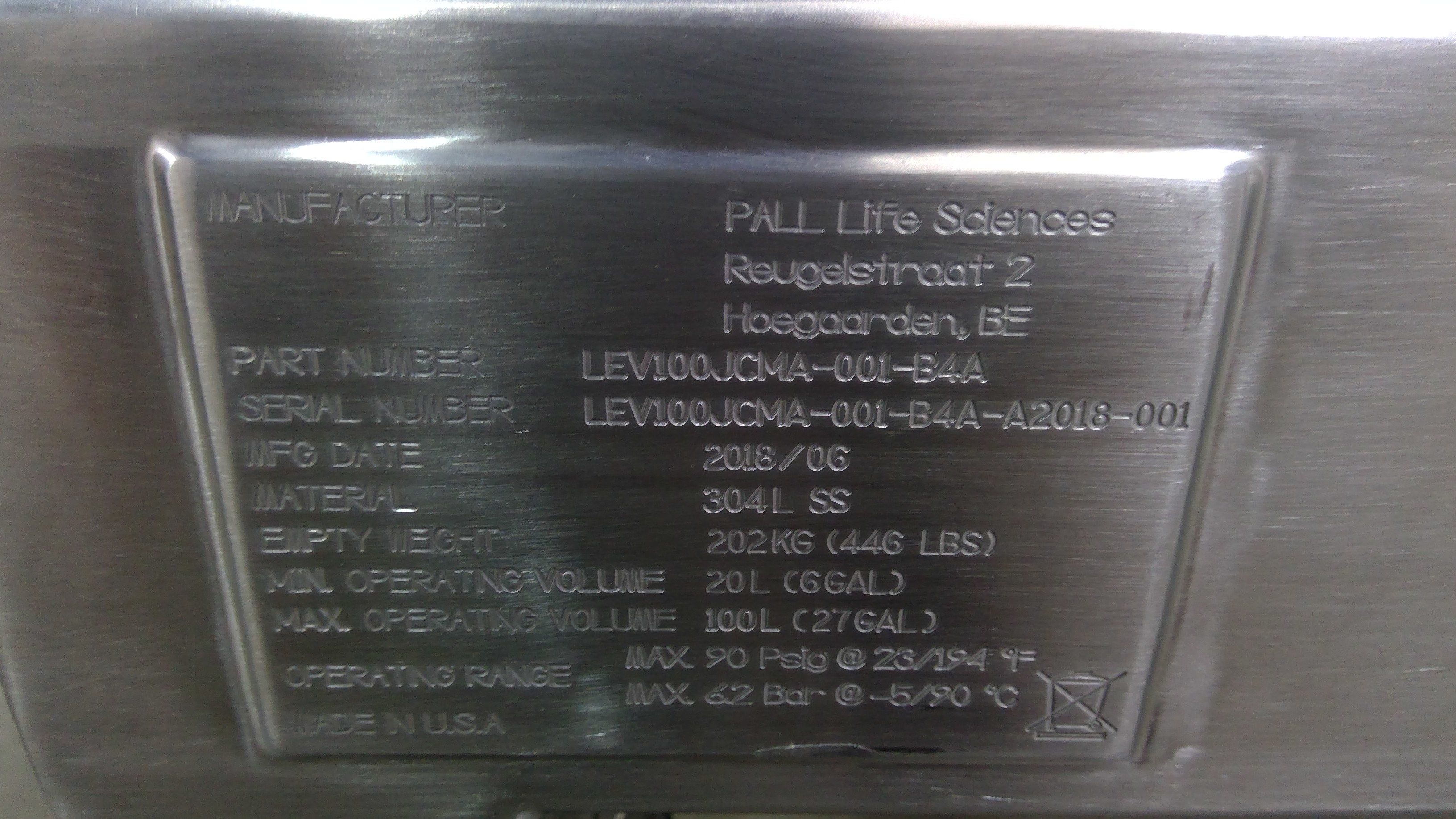 Pall LEV100JCMA-001-B4A Tank 100L Stainless Steel Mixer Load Cell 120V 60Hz