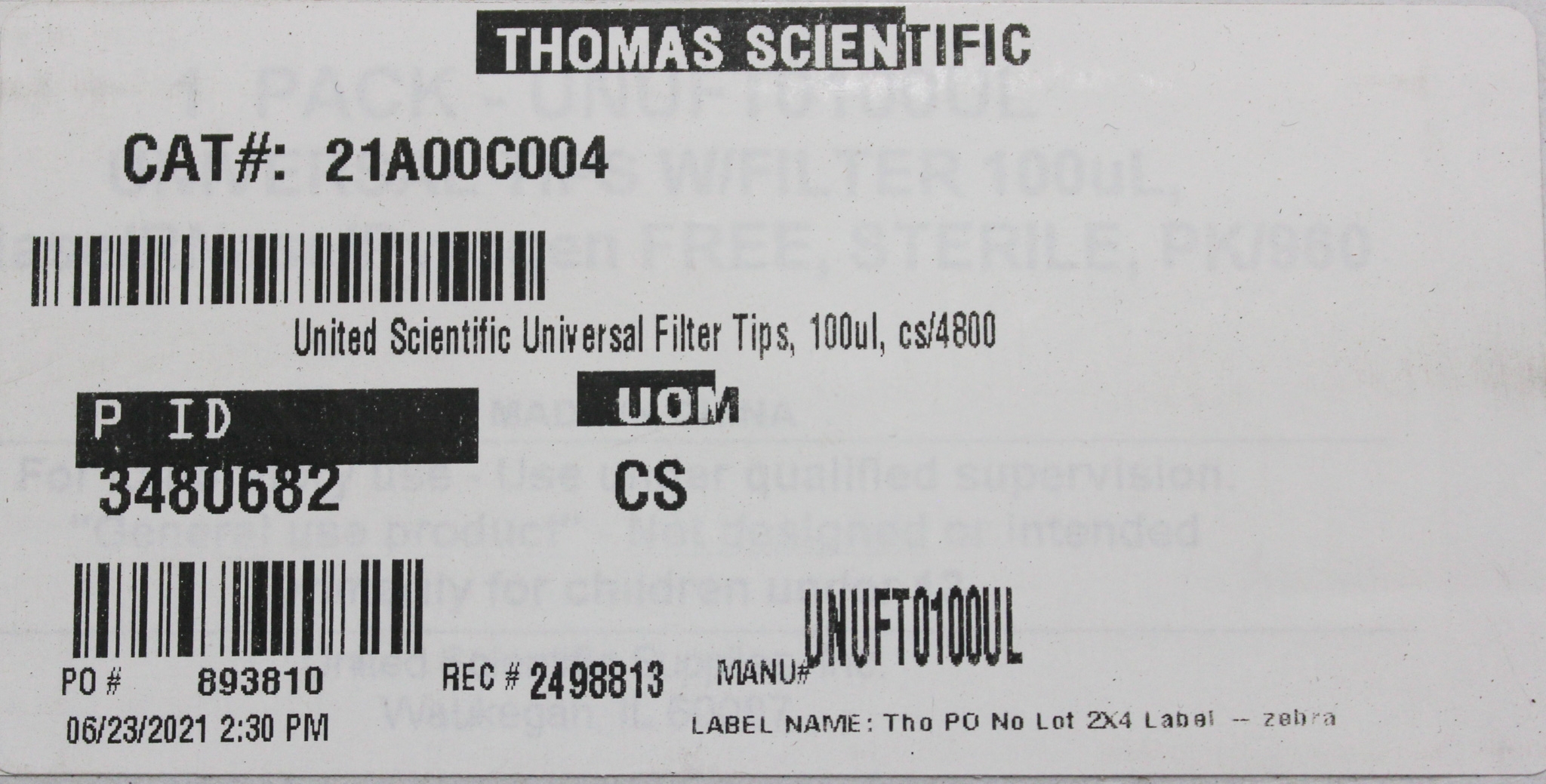Thomas Lot: 210305 Universal Filter Tips 100uL Sterile DNase/RNase Free