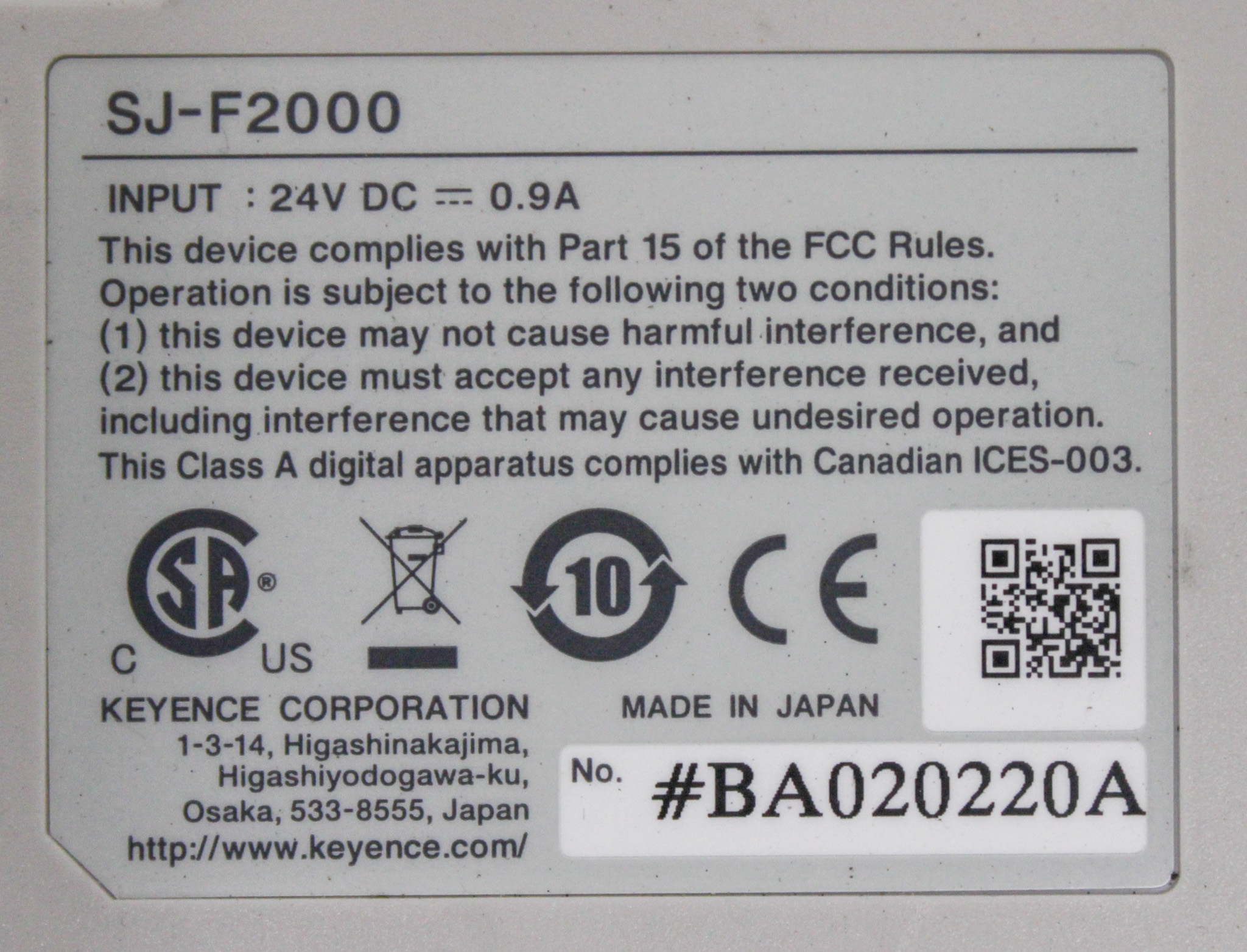 Keyence SJ-F2000 Static Elimination Blower High-Speed Wide-Area VG Used