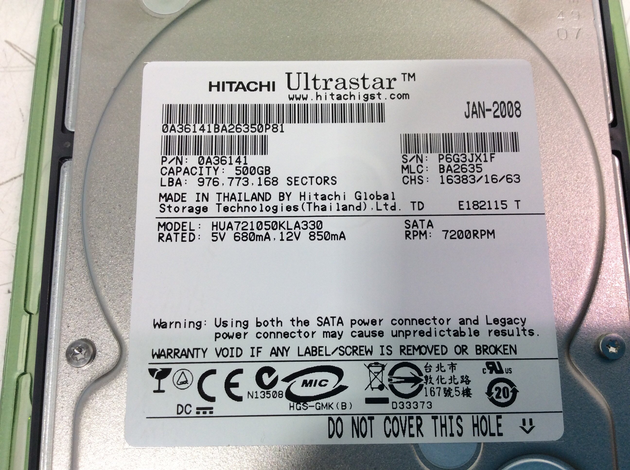 Hitachi HUA721050KLA330 500GB SATA Hard Drive Data Storage Reliable P/N: 0A36141
