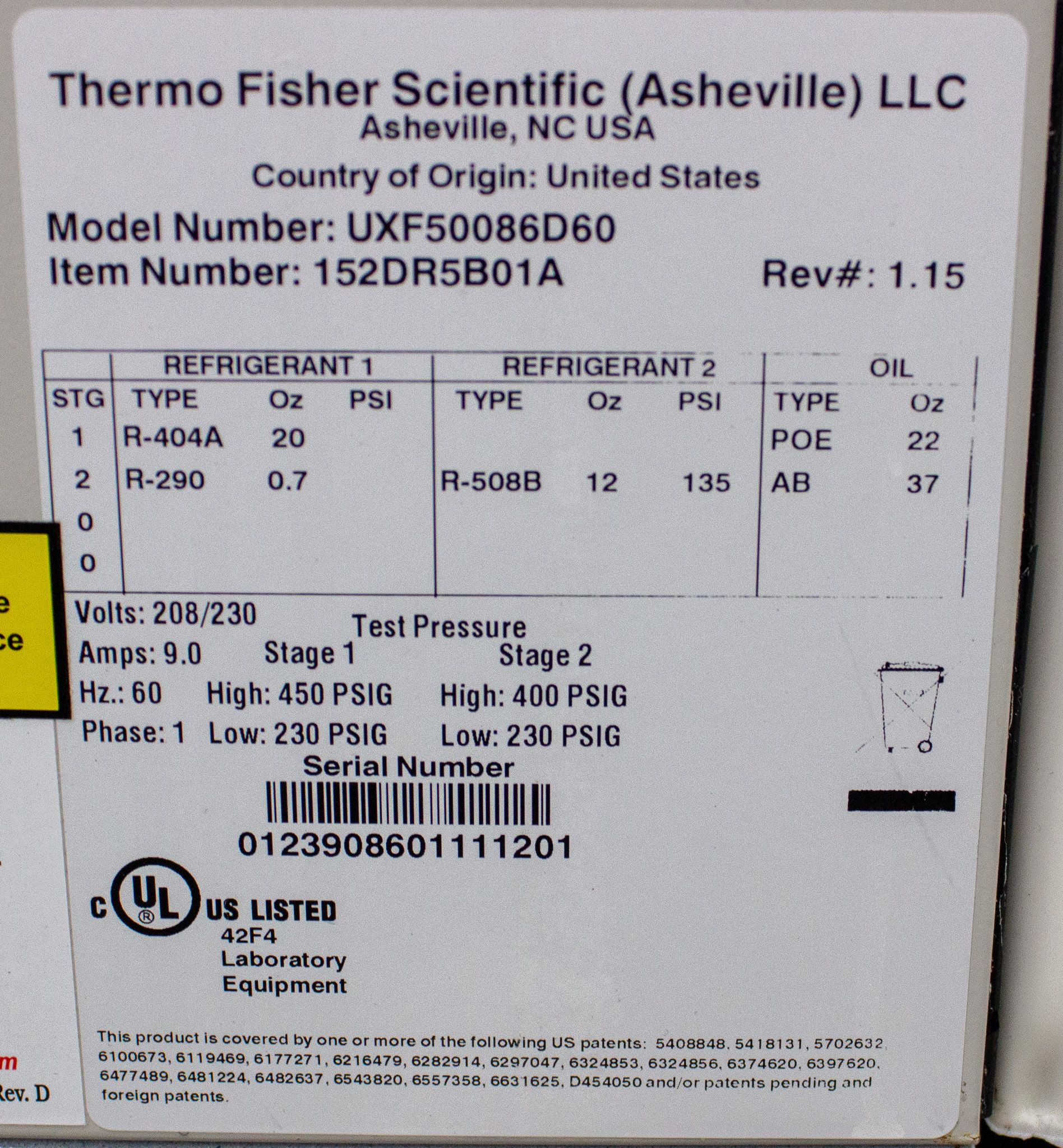 Thermo UXF50086D60 Revco Ultra Low Temp Freezer Capacity -86C 24.1 cu ft