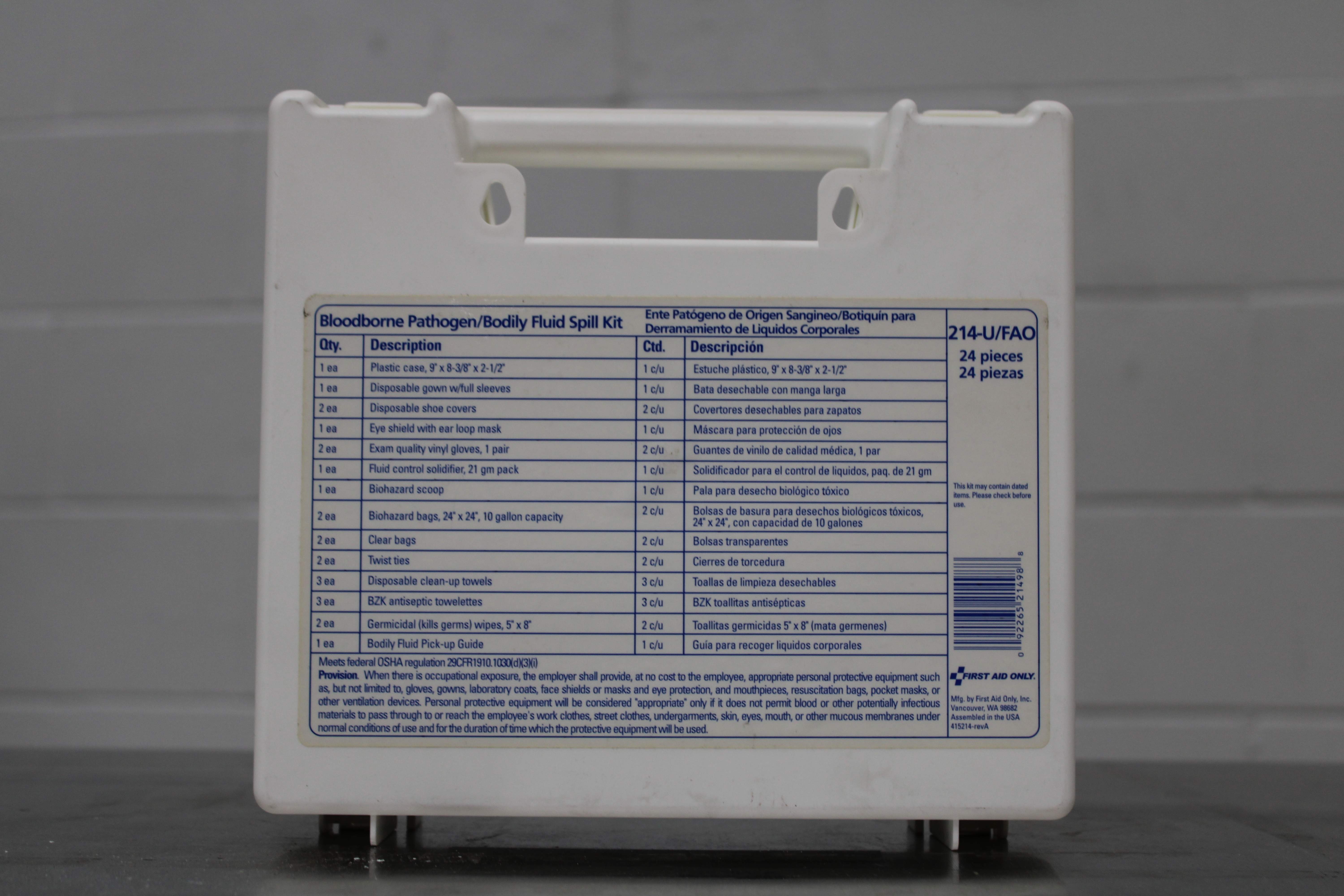 First Aid Only 214-U Fluid Spill Kit Portable Wall-Mount 24pc Biohazard Kit