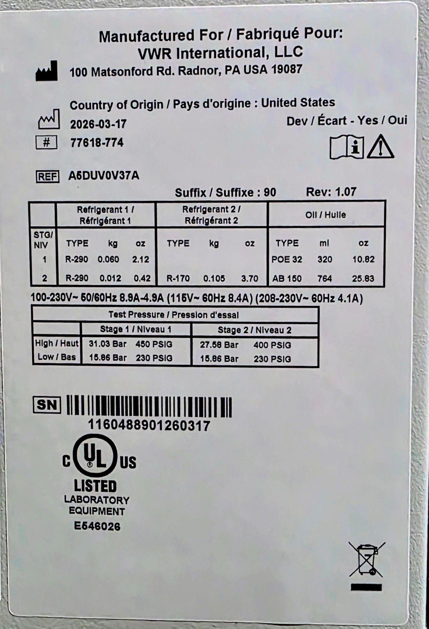 VWR Ultra Low Temperature Freezer -80°C 24.1 cu. ft.
