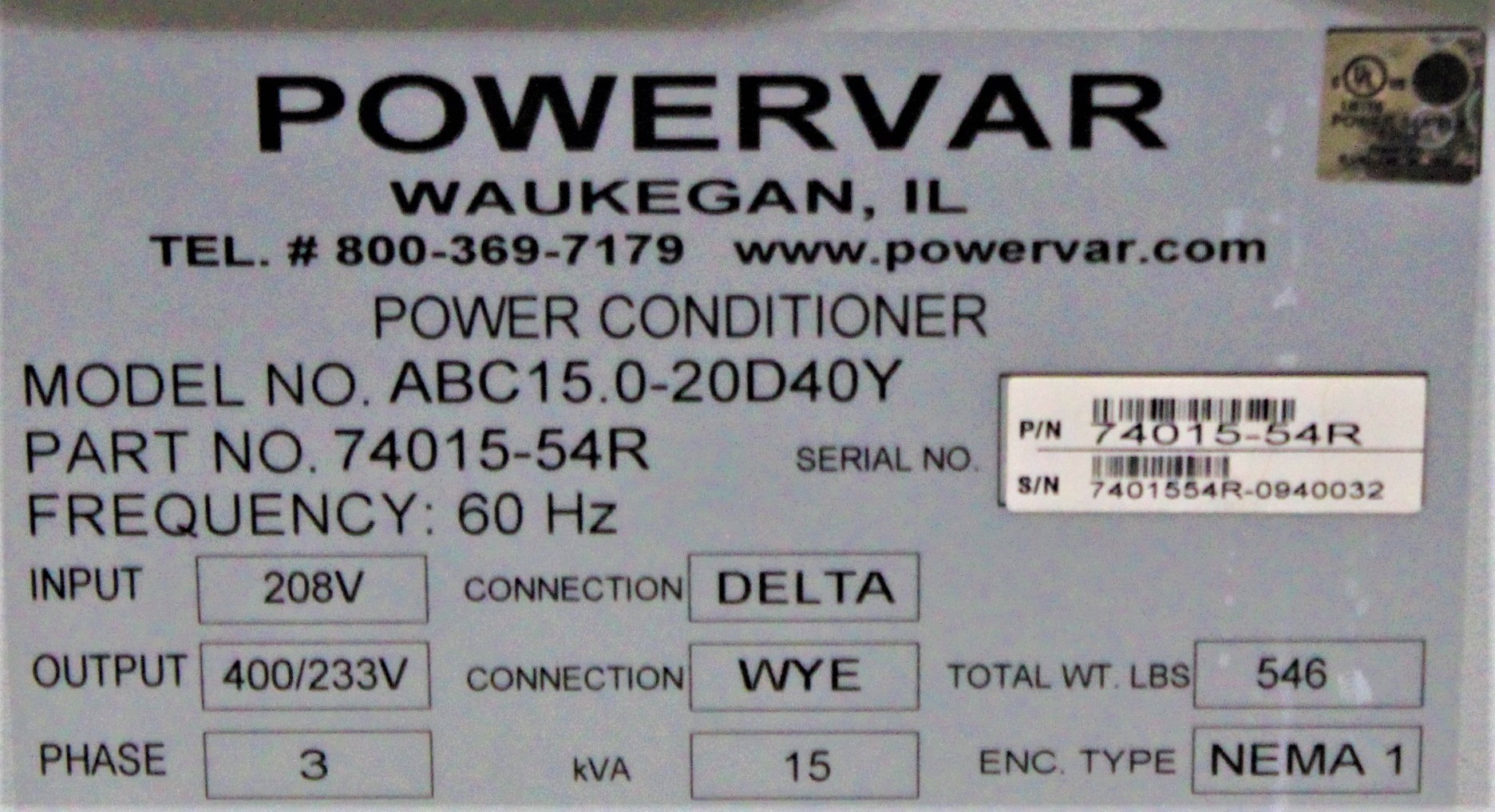 Powervar ABC15.0-20D40Y Power Conditioner Isolation Transformer Surge Diverter