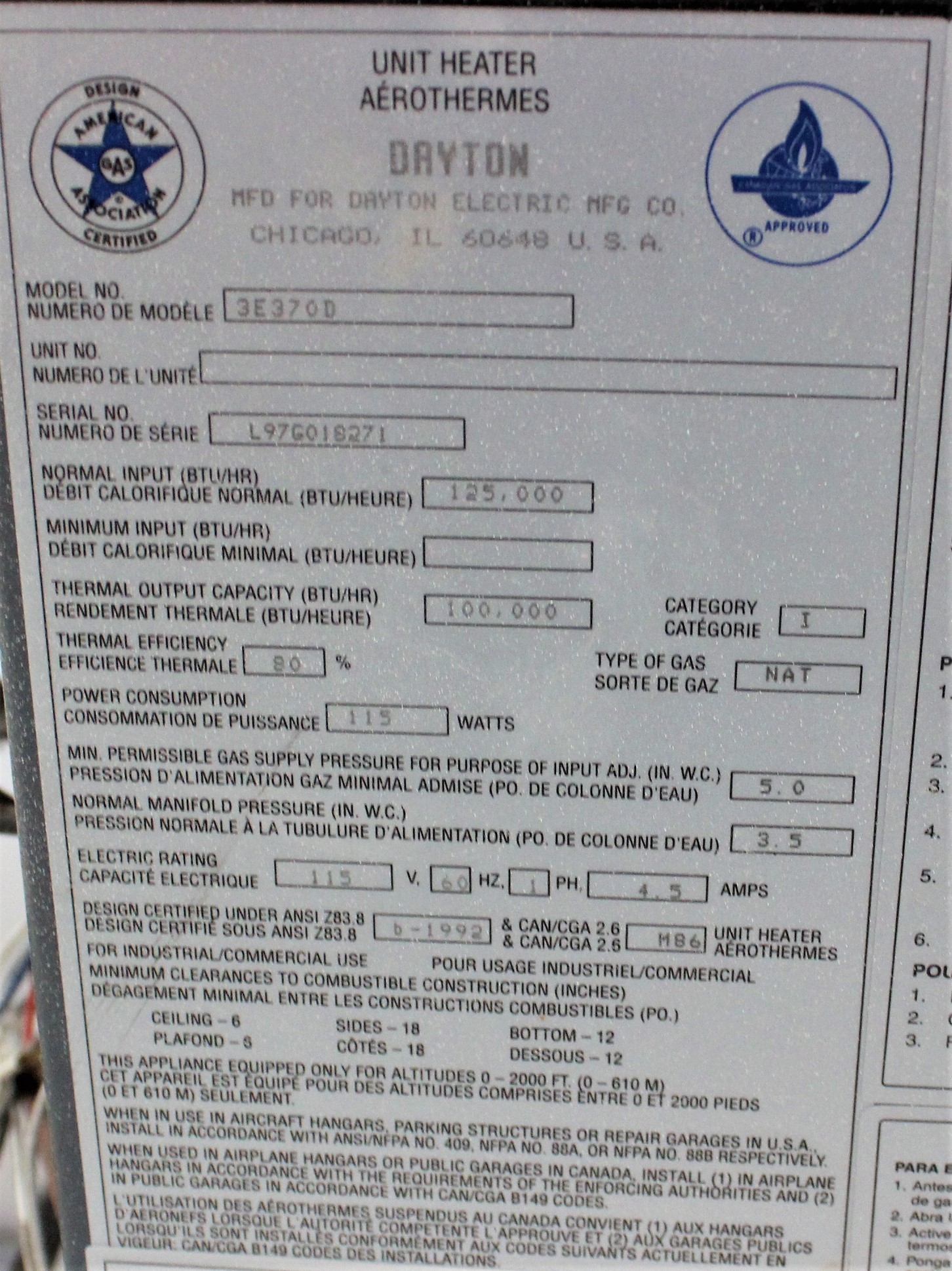 Dayton 3E370 Standard-Profile Heater with Propeller Fan, 3200 CFM, 120V 60Hz