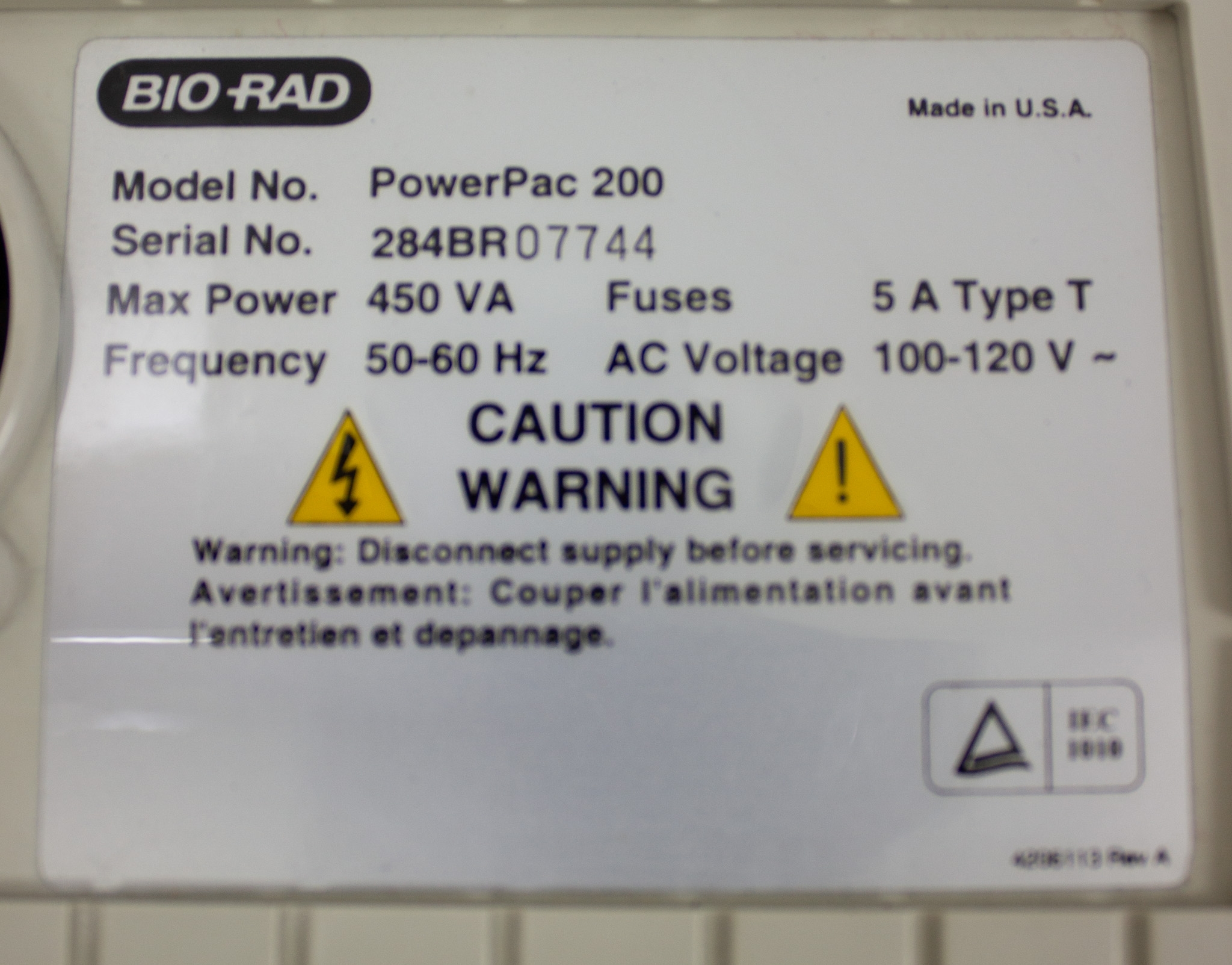 BIO-RAD PowerPac 200 Electrophoresis Power Supply Adjustable Voltage/Current