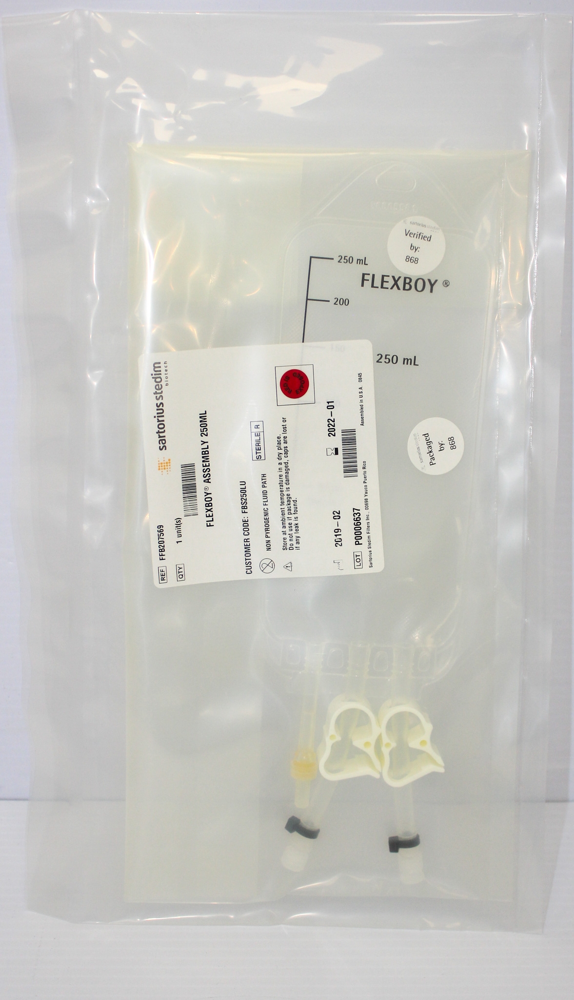 Sartorius Flexboy FBS250LU BioProcessing Bag 250 mL 50 pcs Gamma Sterilized