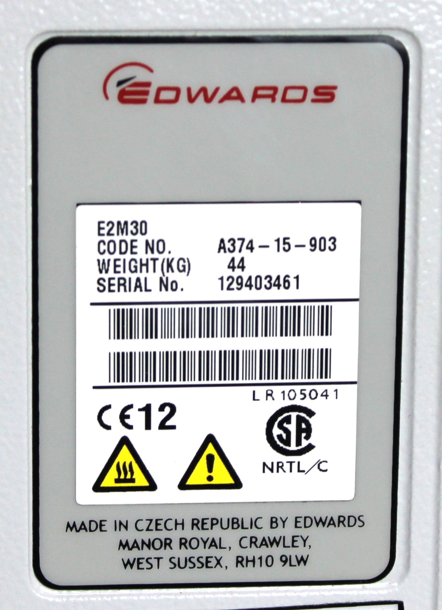 Edwards E2M30 Rotary Vane Vacuum Pump, 11.4 cfm, 1 x 10-3 Torr, 240V