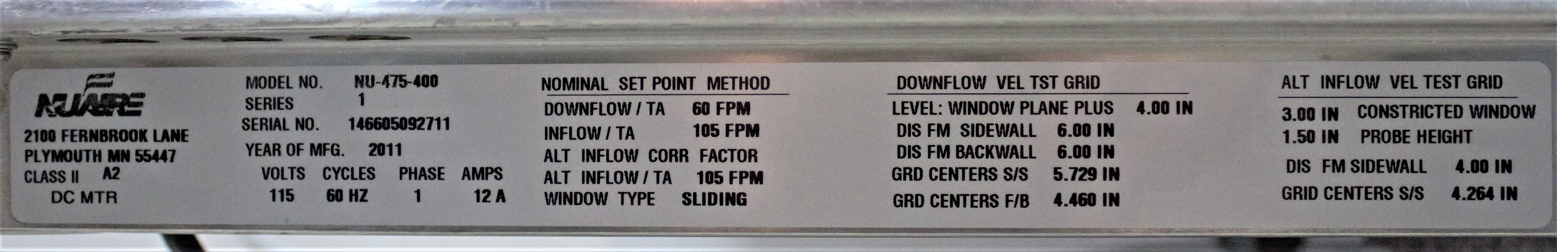 NuAire NU-475 Class II Type A2 Biosafety Cabinet Bench Model LFBSC
